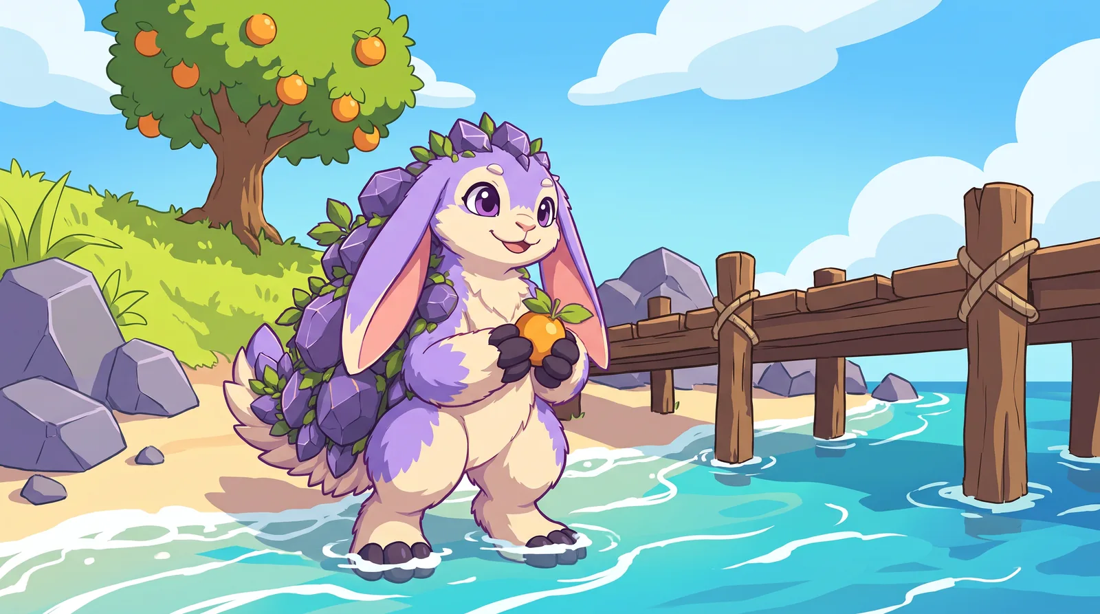 Cel-shaded concept of a lavender crystal-rabbit adult creature holding a fruit on a beach beside a rope-bound pier