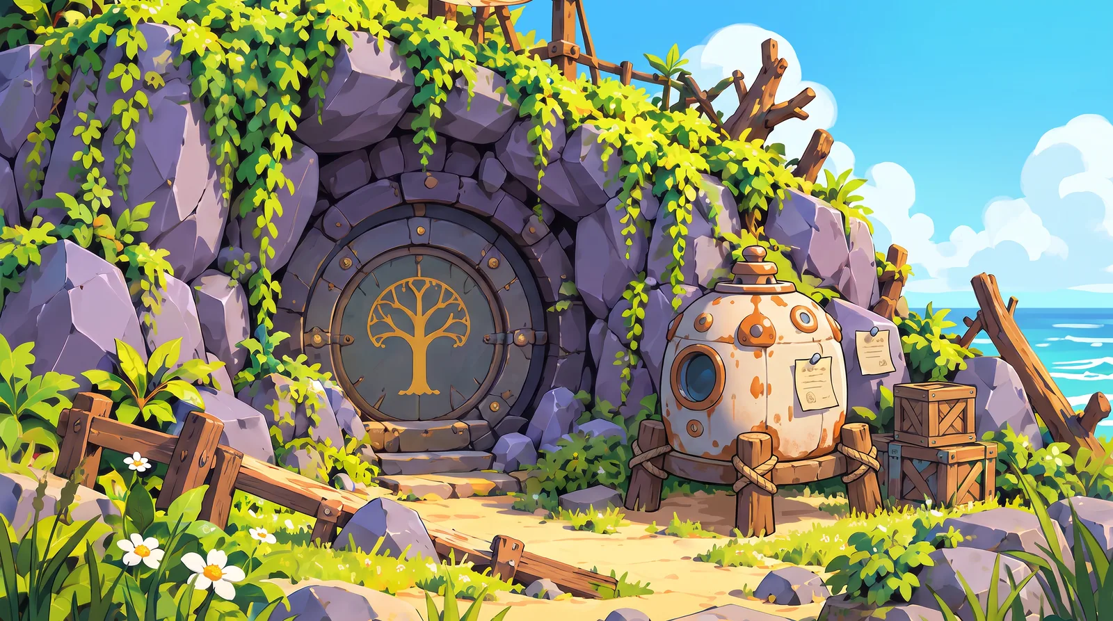 Nursery cave concept with a locked stone door and the incubator