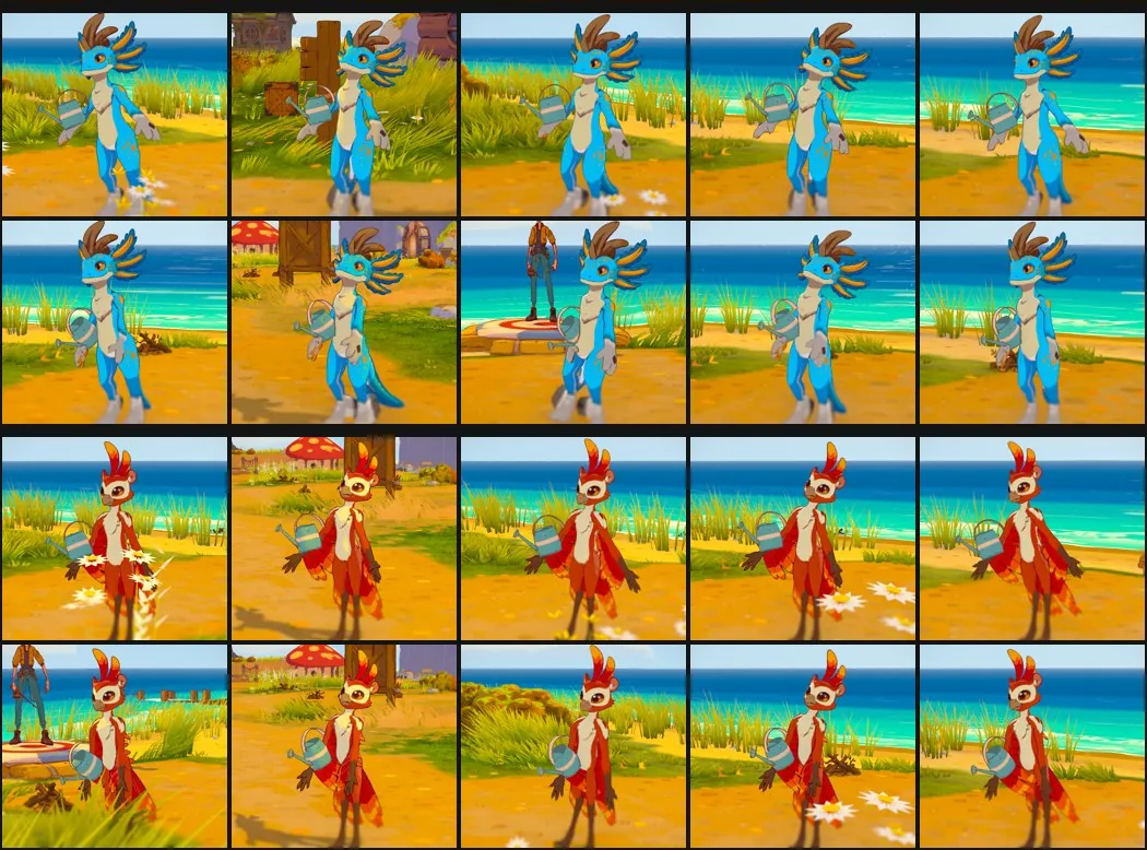 Two grown creatures, a blue finned one and a red winged one, each shown in five poses. In the before rows their arms hang well out from the body in an A shape; in the after rows the arms rest close to their sides