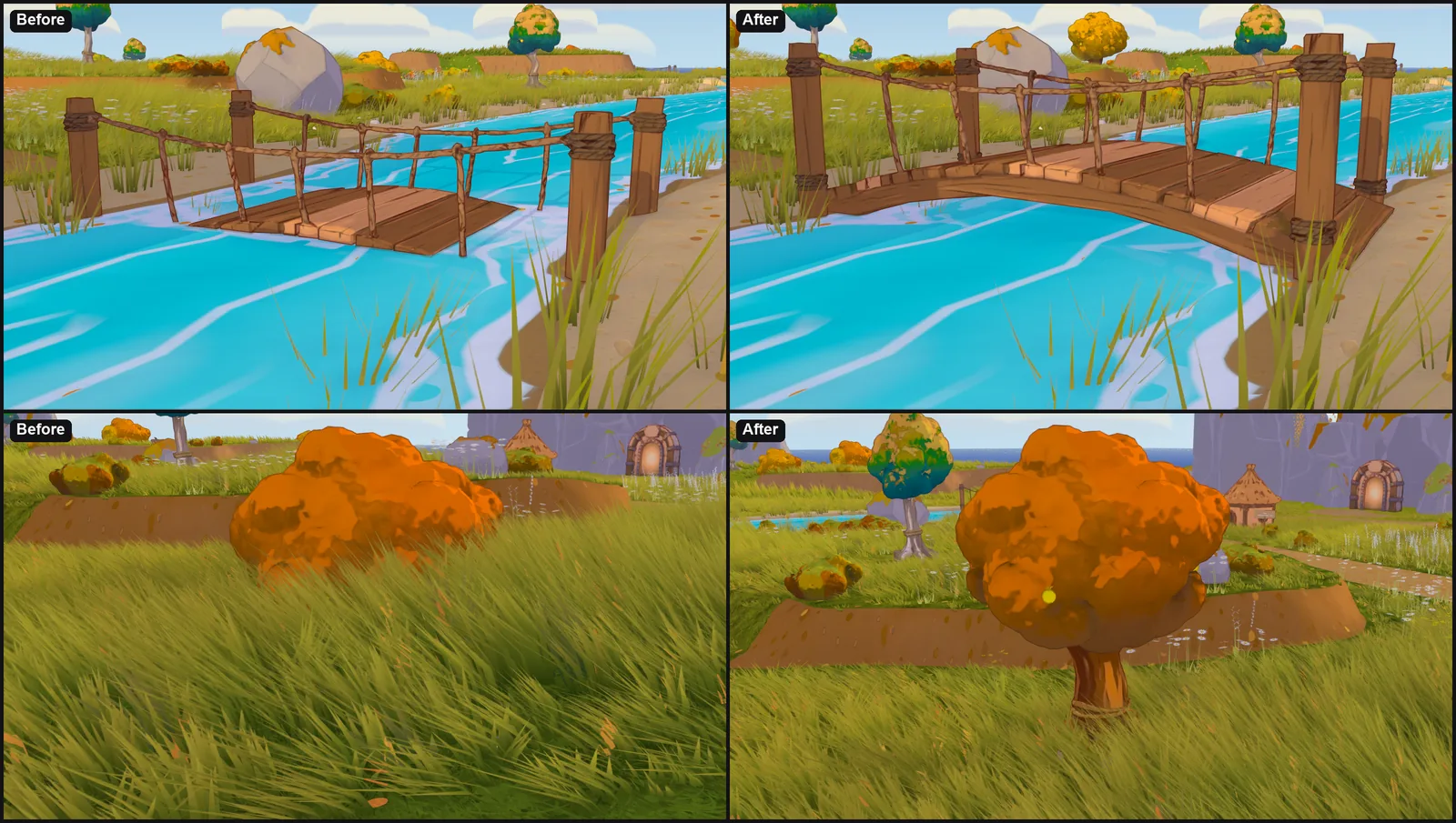 Before and after: a rope bridge sitting low in the river now spans it from bank to bank; a planted tree buried to its canopy now stands on its trunk
