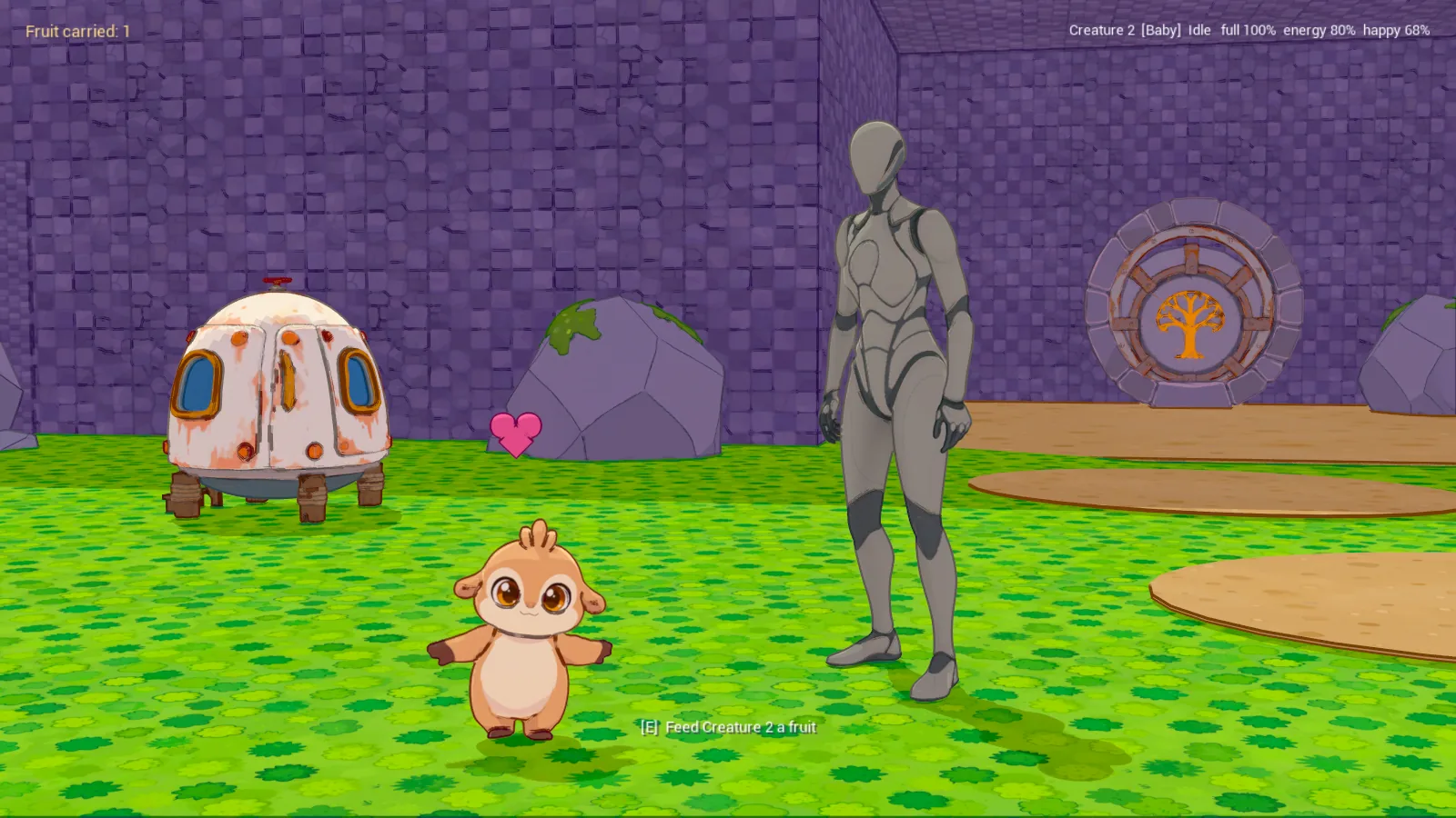 In-engine screenshot: the baby Dumpling with a heart symbol beside the incubator, the caretaker stand-in and the vault door in the cave
