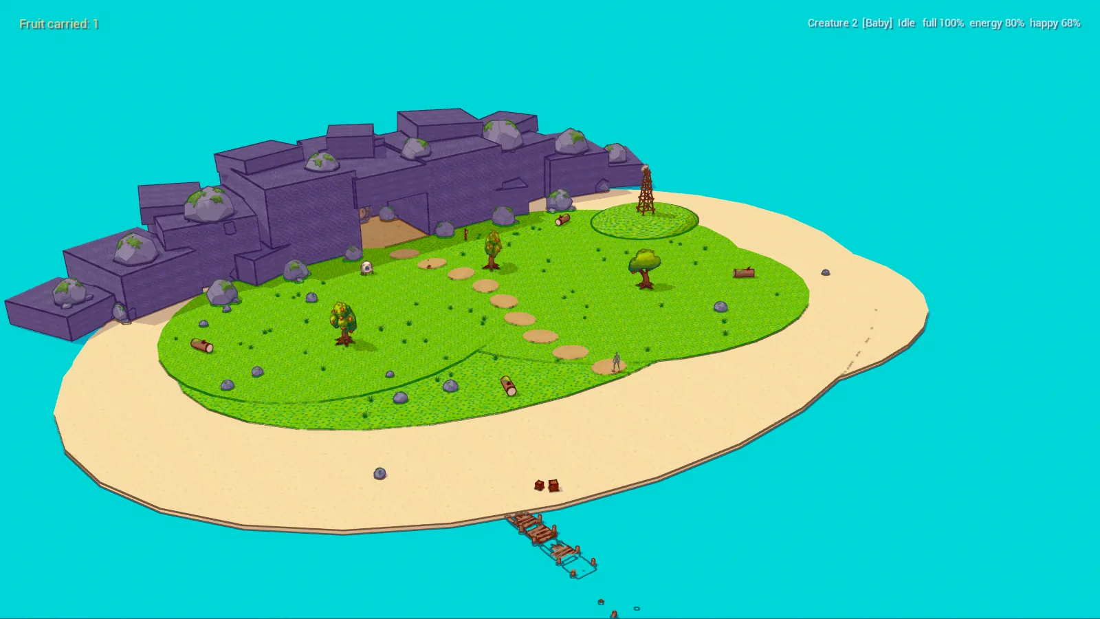 Wide in-engine view of the greybox island: grass, sand, dirt path, cube cliffs and a pier