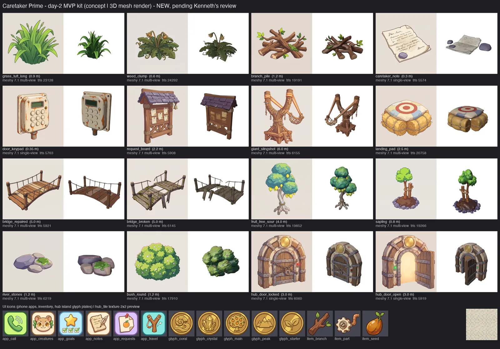 Contact sheet of the day-2 kit: grass, branch piles, notes, keypad, slingshot, bridges, trees, hub doors and UI icons, concept beside 3D render