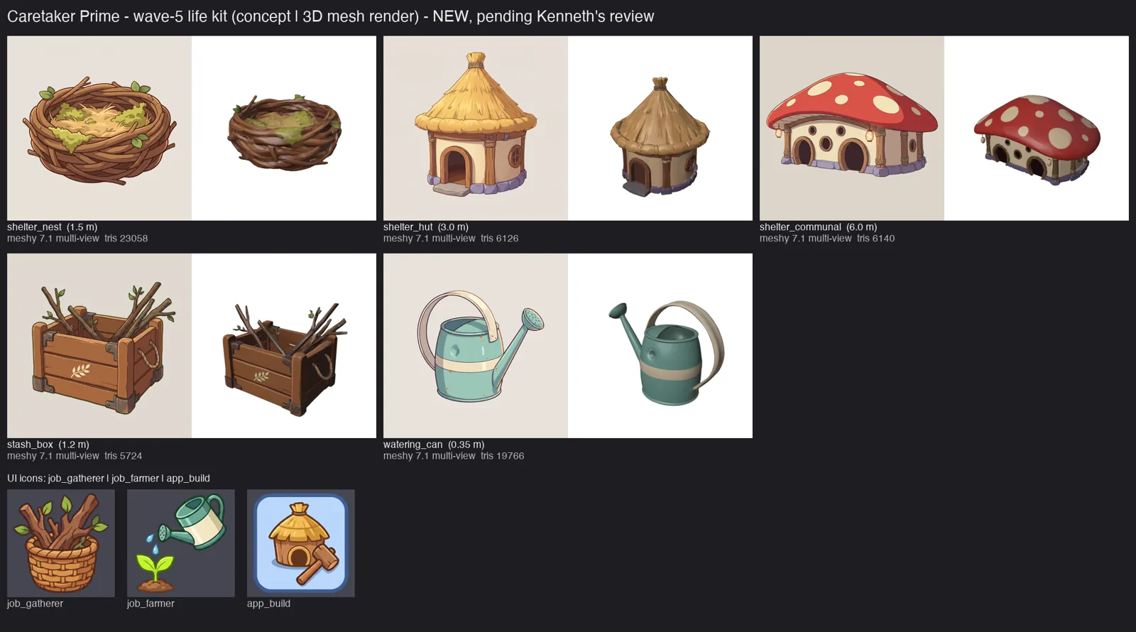 Contact sheet of shelters: a twig nest, a thatched hut, a mushroom house, a stash box and a watering can, plus job icons
