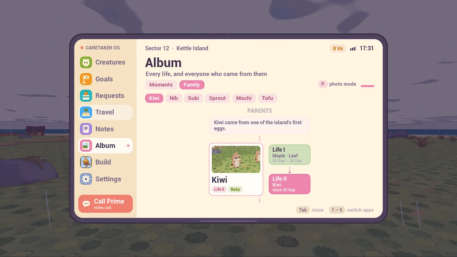 Album Family tab: a creature's card with its lives, Life I and Life II, and its parents