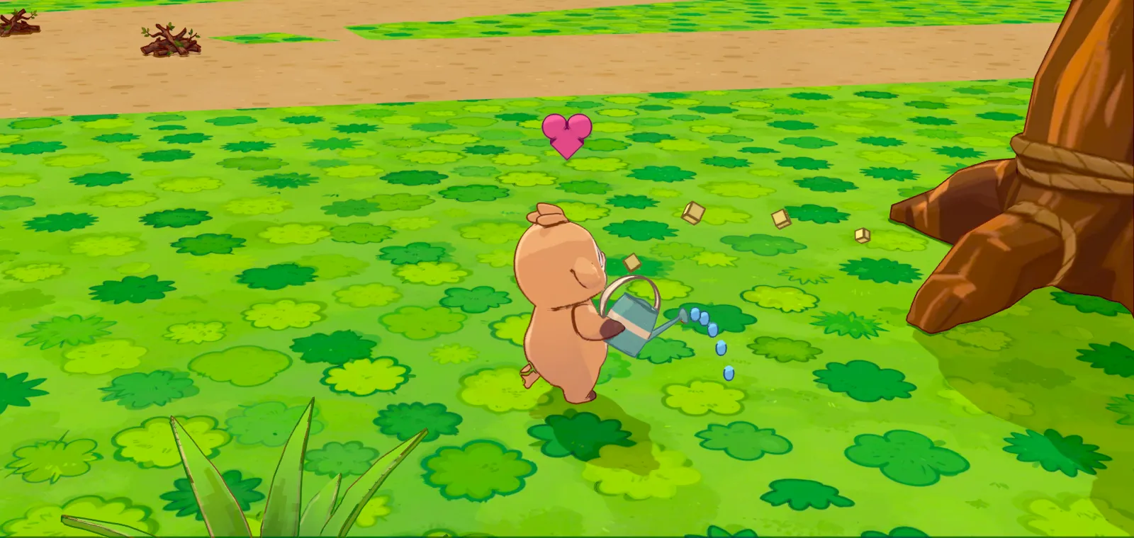 A creature watering the ground with a watering can, a heart above its head