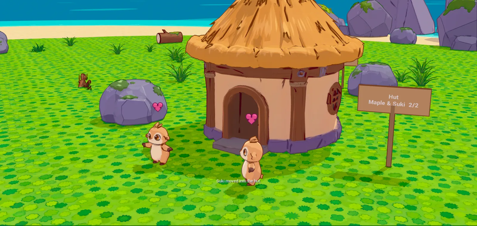 A thatched hut with a sign reading Maple and Suki 2 of 2, two creatures and a heart by the door