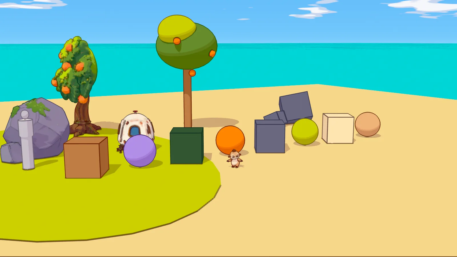 Look-dev scene: imported props and palette shapes under the cel-shading post-process