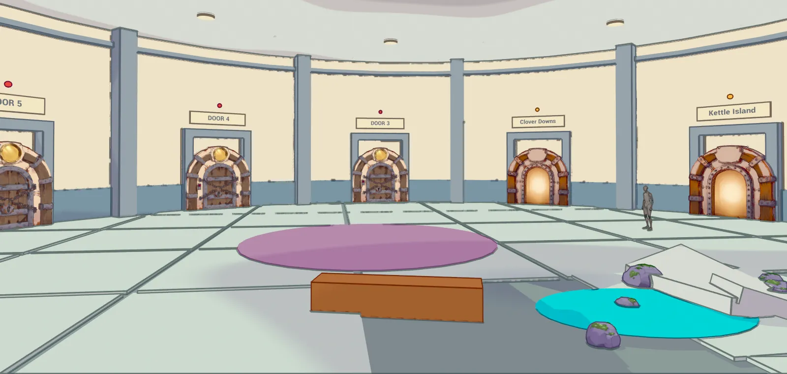 The underground nursery hub: a round room with five arched doors, each with a sign