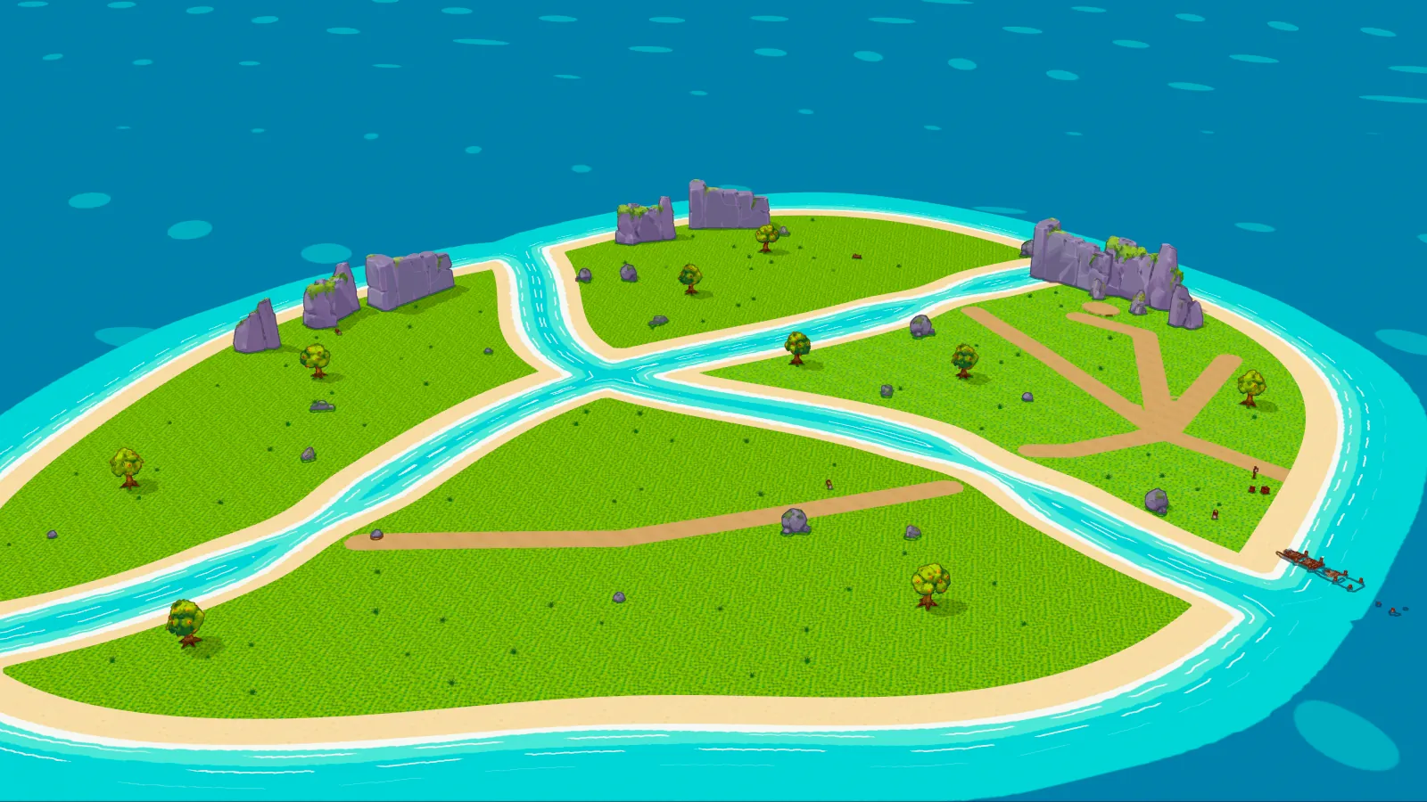 Oblique aerial view of Broadmeadow, the main garden island: two rivers split it into four meadows joined by bridges, with dirt paths and cliffs