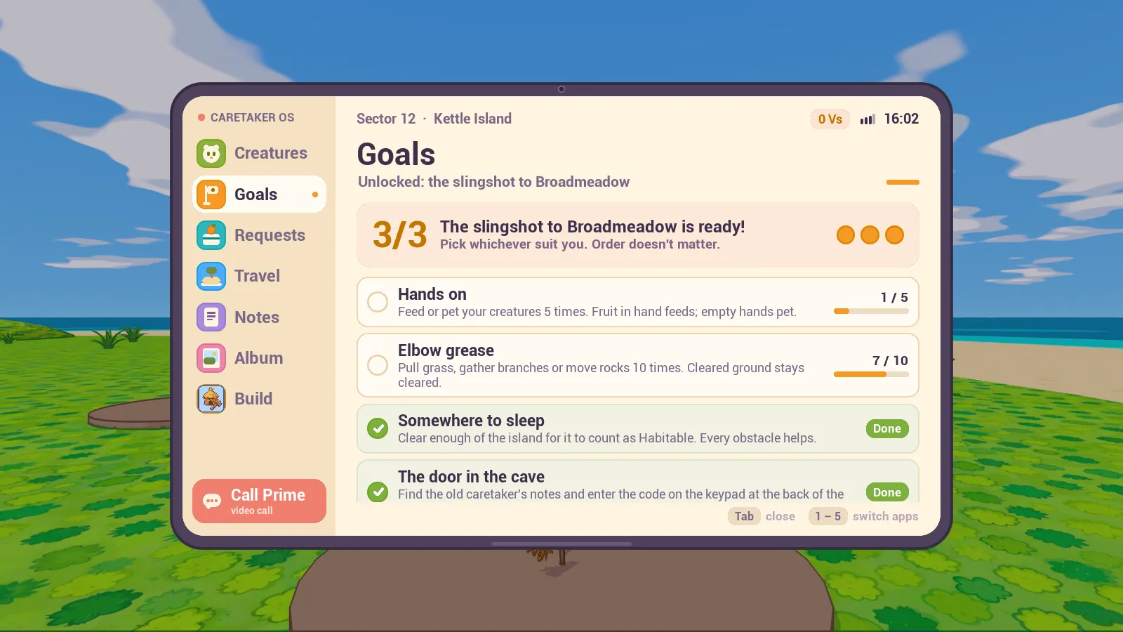 The in-game phone showing the Goals app with three of eight goals done