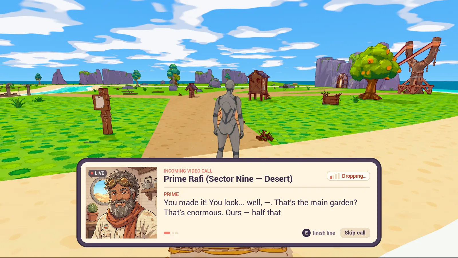 In-game video call from Prime Rafi, a bearded mentor with goggles, on landing at Broadmeadow