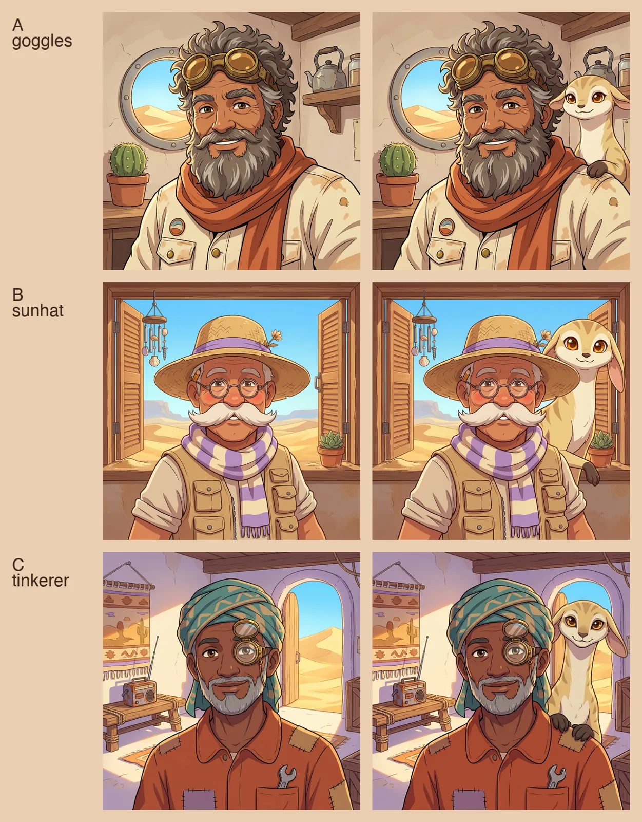 Three portrait candidates for the mentor Prime Rafi: goggles, sun hat and tinkerer