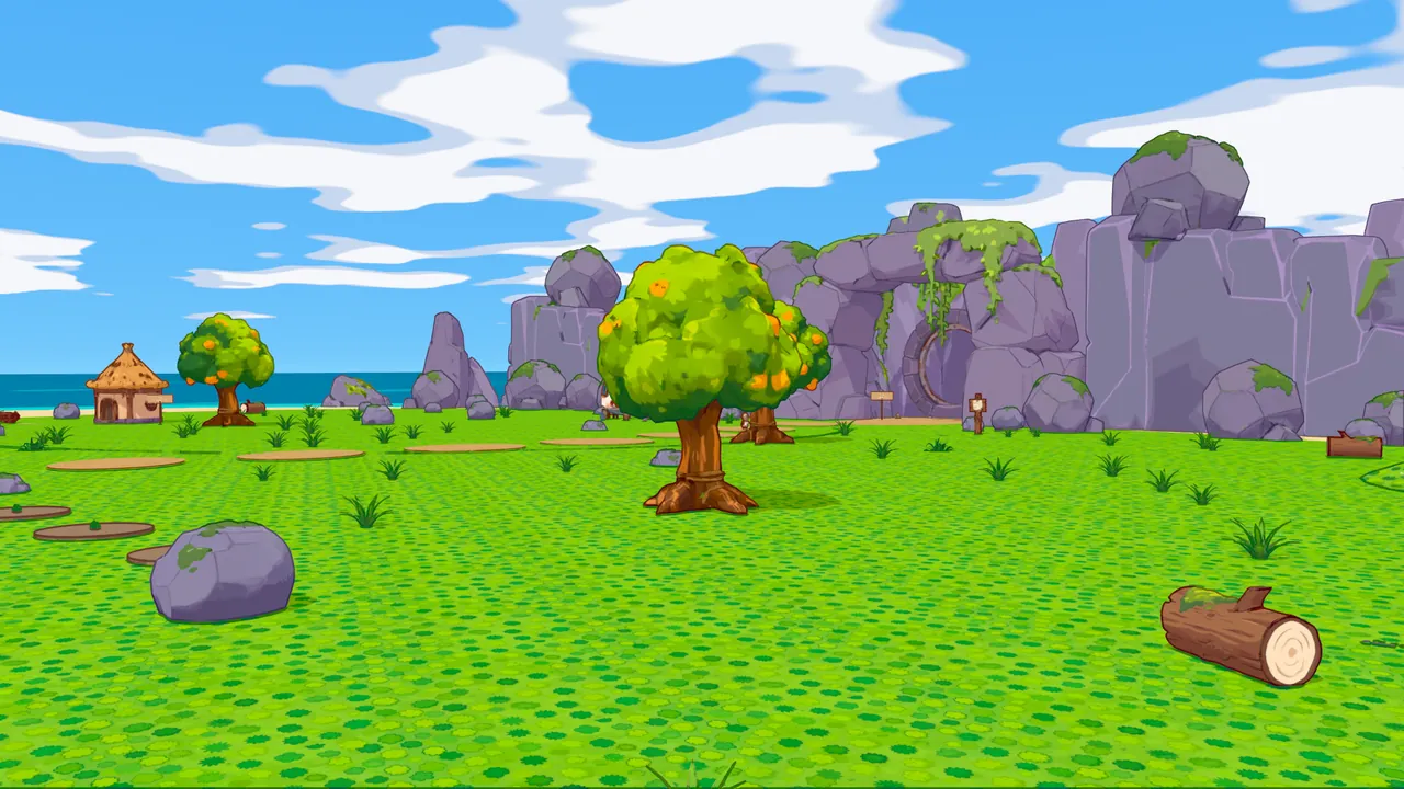 Before the restyle: flat green ground with dotted grass tufts, a round tree and grey cliffs