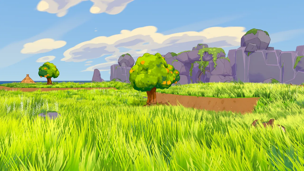 Wave 7: tall dense grass across a raised terrace with a dirt lip, the tree on the plateau
