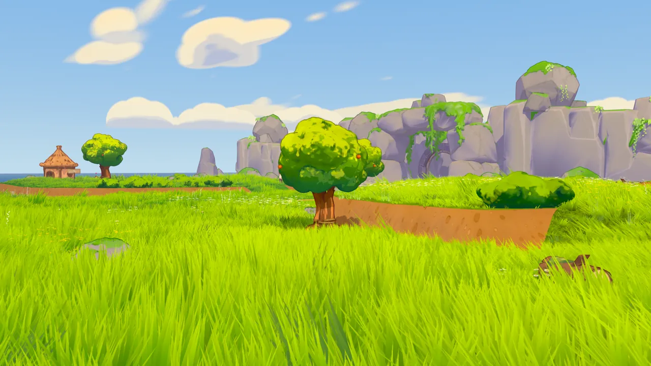 Wave 8: softer grass with darker roots, a rebuilt rounded tree canopy, bushes on the terrace edge and haze on the cliffs