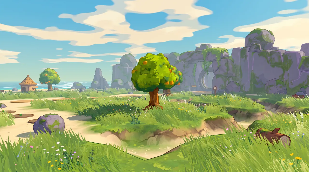 AI concept art target: rolling meadow with sandy paths, wildflowers, a fruit tree on a mossy ledge and cliffs behind