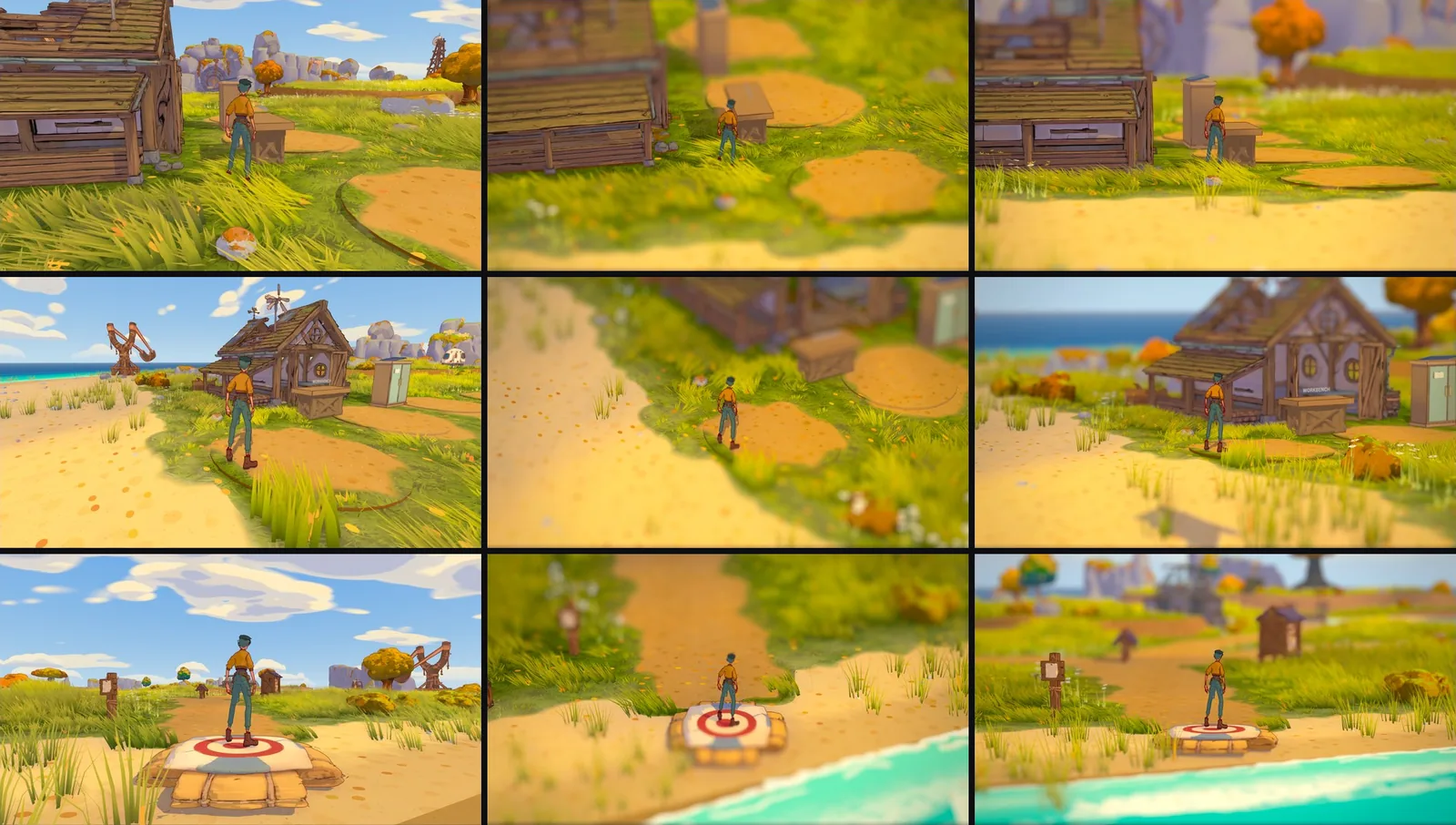 Three scenes on the islands, each shown three ways: on the left the standard over-the-shoulder camera with a clear sky; in the middle a high, steep view with heavy blur at the top and bottom of the frame like a miniature model; on the right a low, side-on view of the caretaker by the workshop, the cottage and a landing pad, with the foreground and the far distance softly blurred