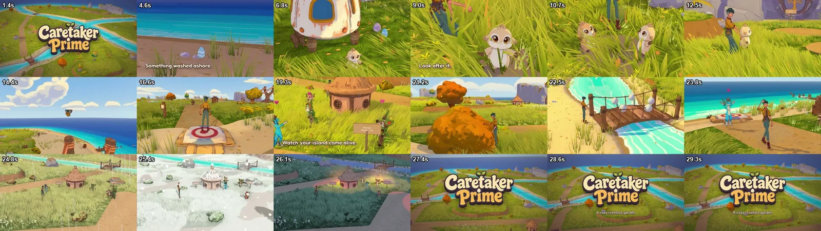 Eighteen stills from the trailer cut: the logo over Broadmeadow, eggs on the beach, a baby in the grass, the caretaker with creatures, the slingshot launch, homes, a bridge, rain, snow and night, and the closing logo