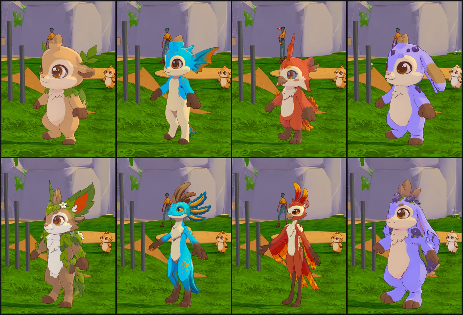 Eight creature bodies in game. Top row, adolescents: Leaf, Fin, Wing and Stone. Bottom row, adults: Leaf, Fin, Wing and Stone. A small baby and the caretaker stand in the background