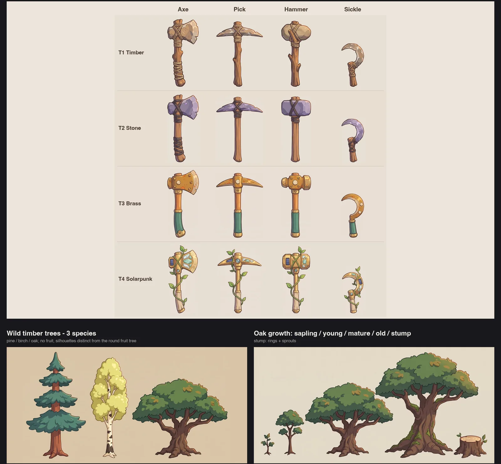 Concept sheet: axe, pick, hammer and sickle in four tiers (Timber, Stone, Brass, Solarpunk), three wild tree species and an oak's growth stages