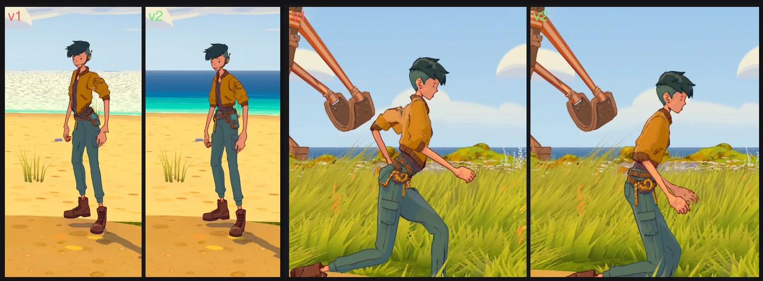 The caretaker before and after the skin weight fix: at idle the v1 spine curves into an S and v2 stands straight; jogging, v1's shoulder and hip bend badly and v2 is clean