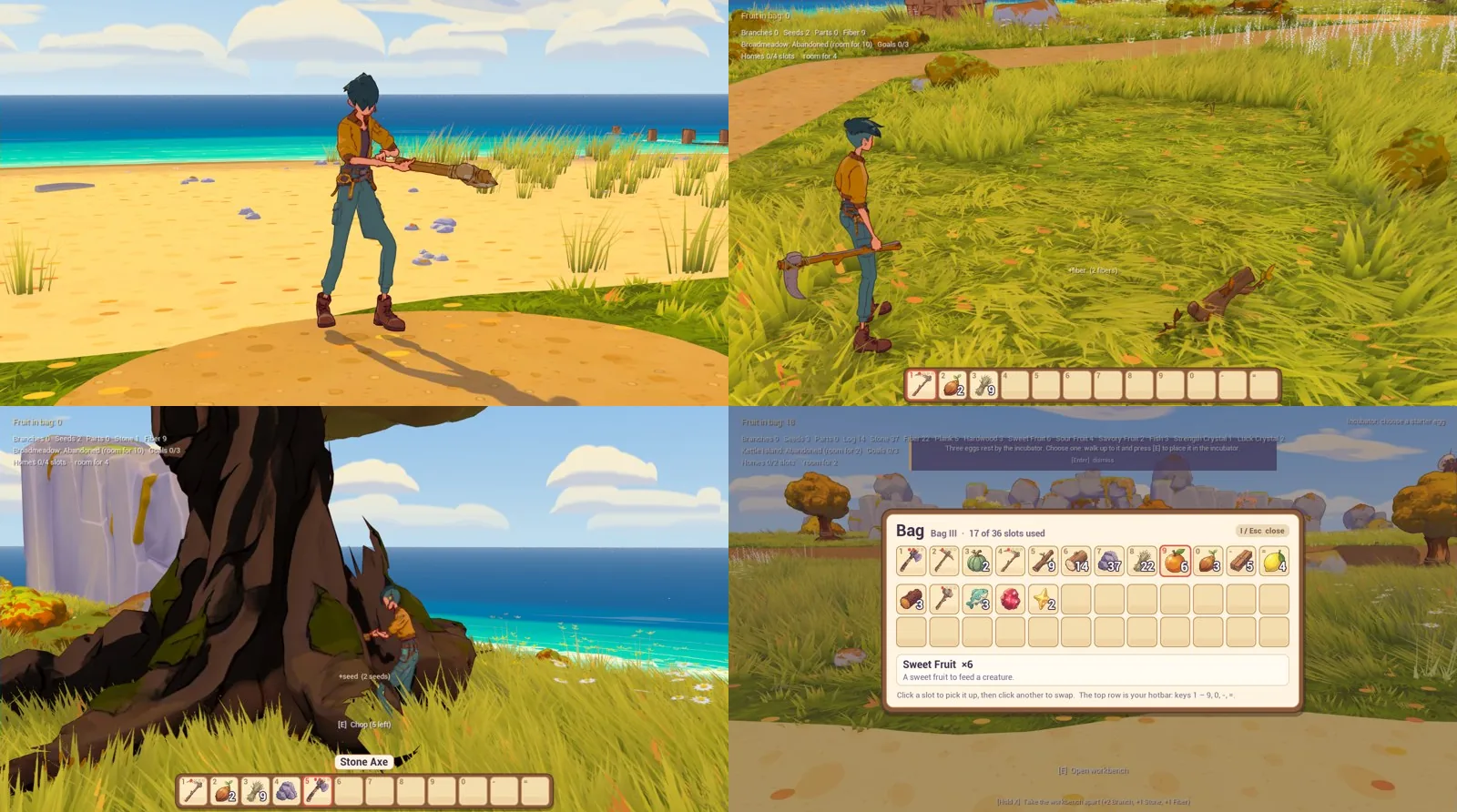 Four in-game frames: the caretaker mid-chop on the beach, a mown swath in the meadow after a scythe swing, chopping a huge hardwood oak with a Stone Axe, and the open bag with 17 of 36 slots used