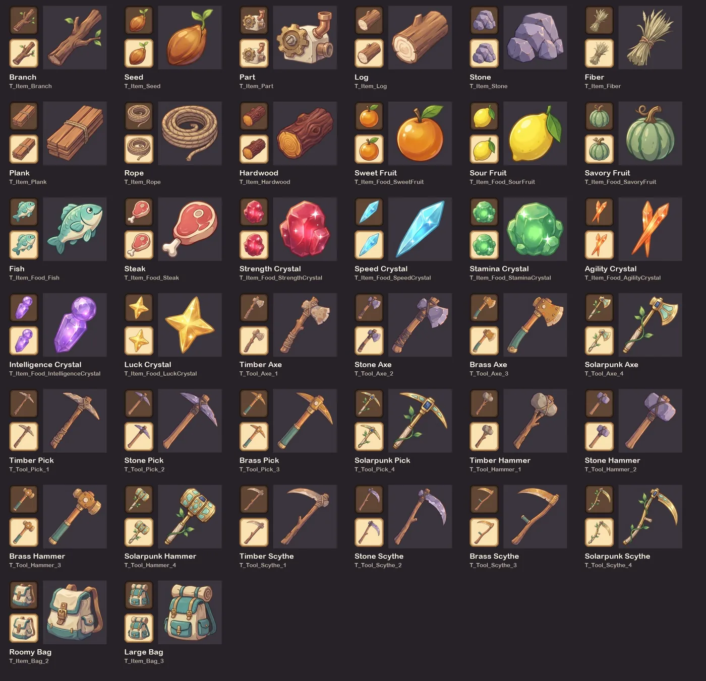 A sheet of 38 painted item icons: branch, seed, part, log, stone, fiber, plank, rope, hardwood, fruits, fish, steak, six crystals, four tiers each of axe, pick, hammer and scythe, and two bags