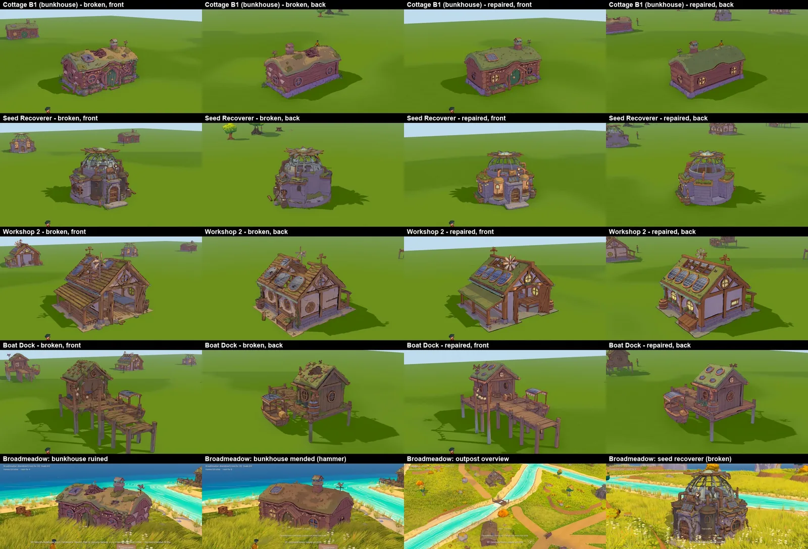 A grid of four solarpunk outpost buildings, each broken and repaired from front and back: a turf-roofed cottage, a glass-domed seed recoverer, a workshop with solar panels and a windmill, and a boat dock on stilts; below, the same buildings placed on Broadmeadow