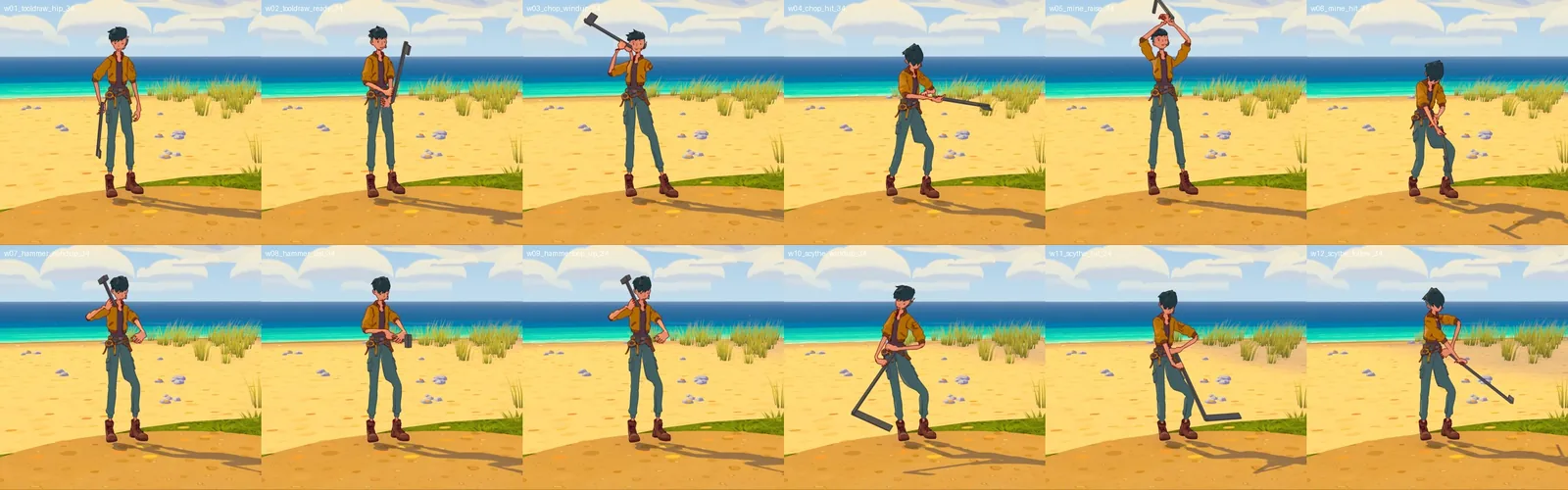 Twelve frames of the caretaker on a beach drawing a tool, chopping, mining, hammering and swinging a scythe