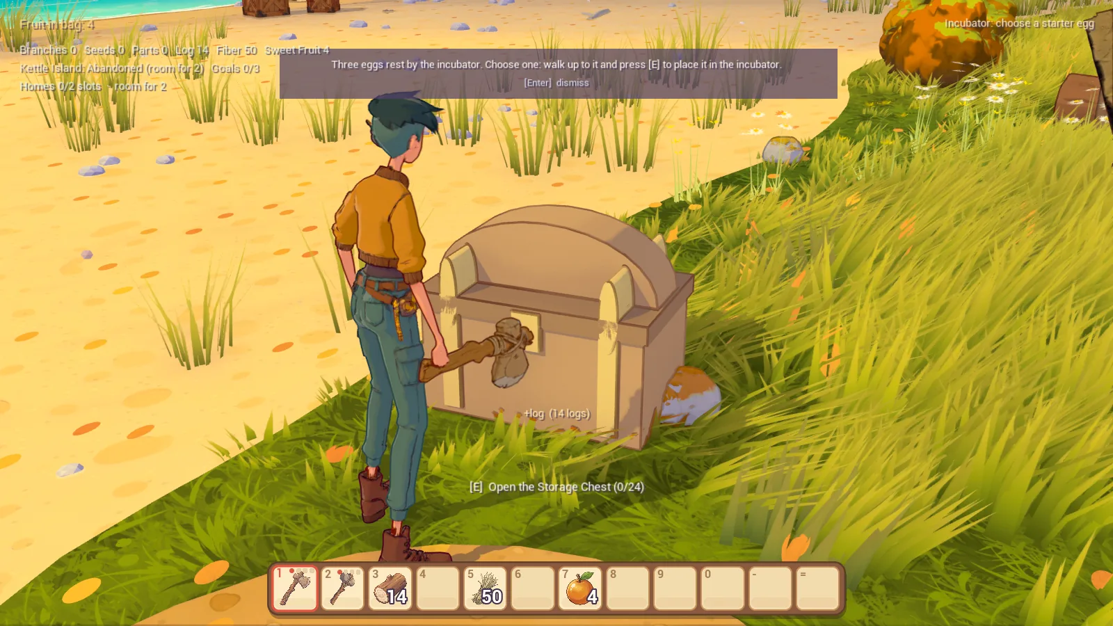 The caretaker beside a placed wooden storage chest in the grass near the workshop