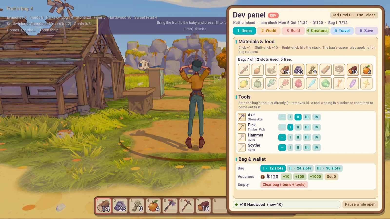 The dev panel open beside the caretaker: tabs for Items, World, Build, Creatures, Travel and Save, with material and tool buttons and a voucher balance