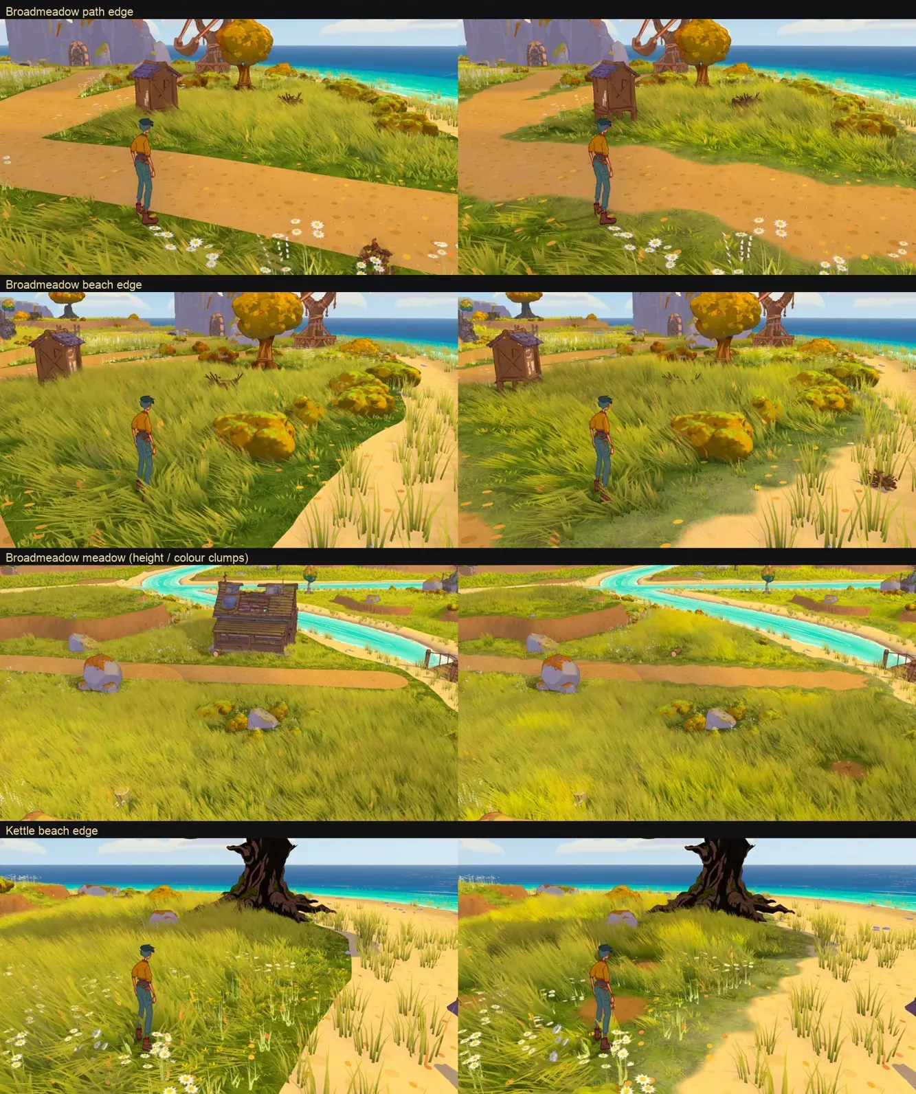 Before and after pairs: on the right, path and beach edges are soft and wandering instead of hard lines, and the meadow grass varies in height and colour