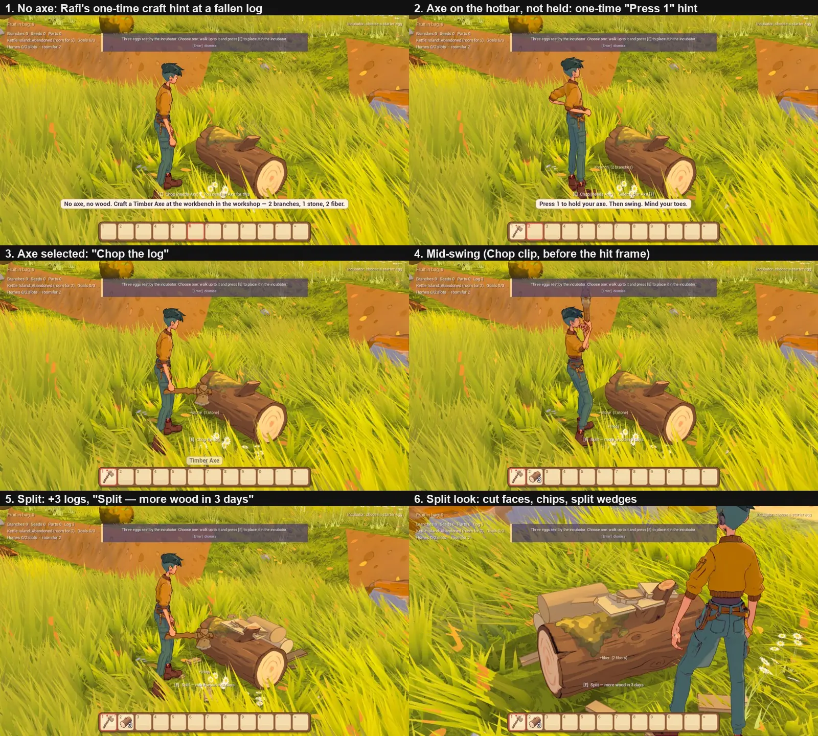 Six frames at a fallen log in tall grass: the Prime's hint to craft an axe, a hint to press 1, the axe selected, mid-swing, the log split with three logs gained, and a close-up of the cut faces and wedges