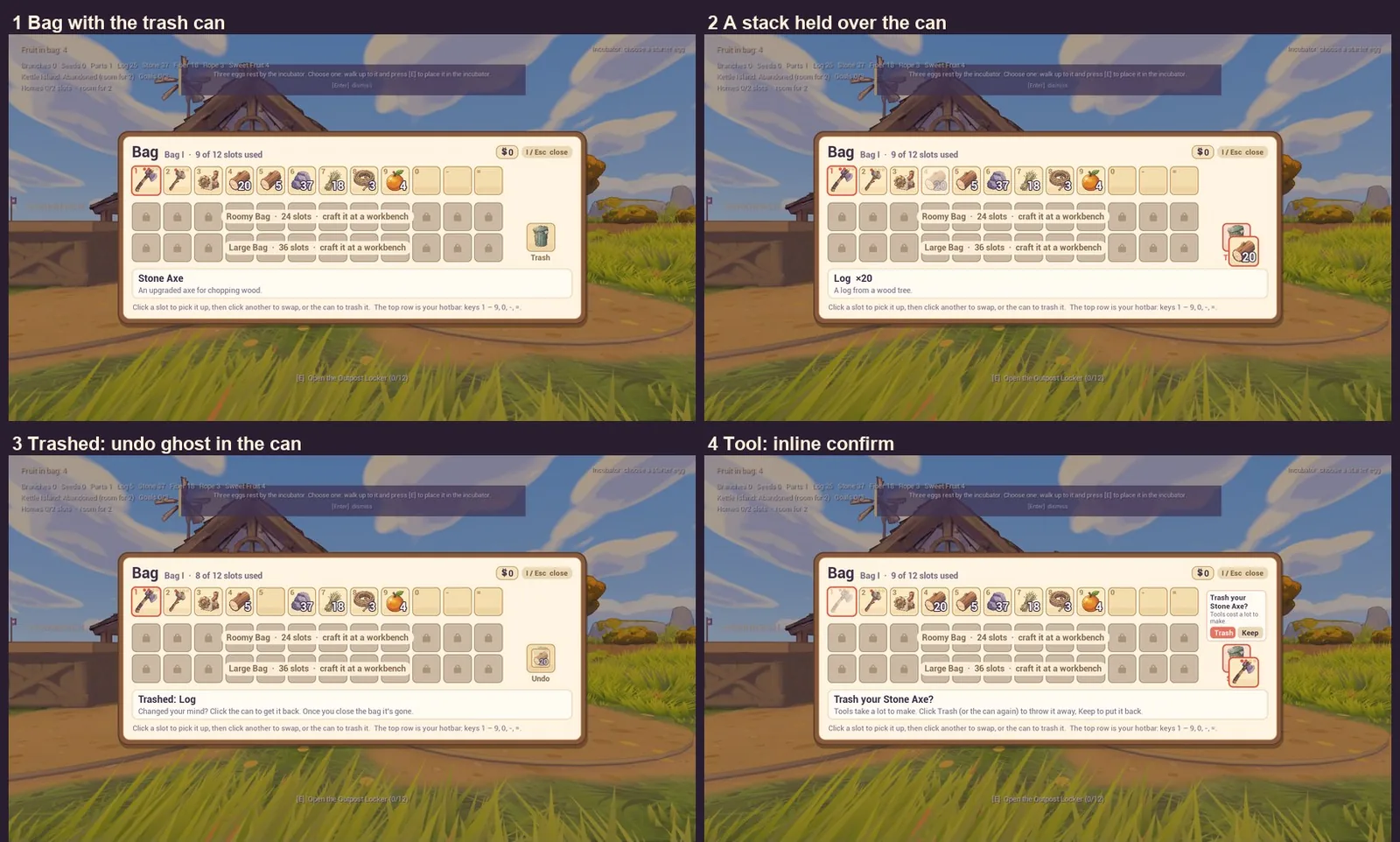Four views of the bag: a trash can beside the slots, a stack of logs held over the can, an Undo button after trashing, and a confirm card before trashing the Stone Axe