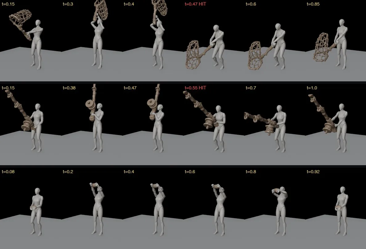 Grey mannequin animation frames on a dark background: a bug net swing from wind-up to hit, a fishing rod cast, and a two-handed hold-up of a catch over the head