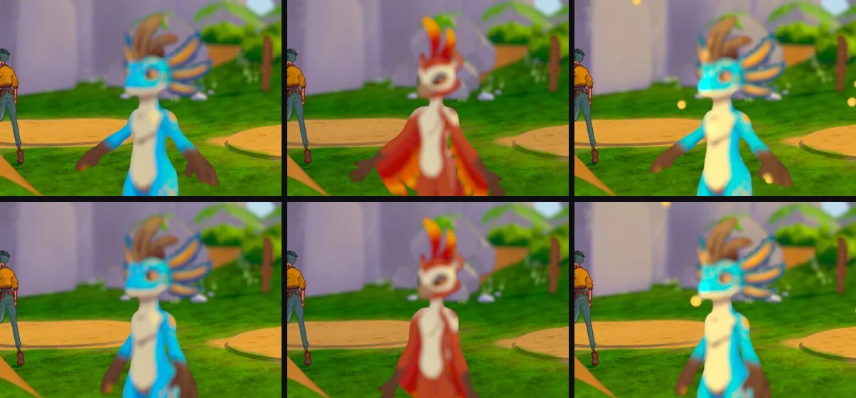 Three grown creatures standing in the meadow, before on top and after below: a blue finned creature and a red winged one hold their arms well out from the body on top, and closer to their sides below