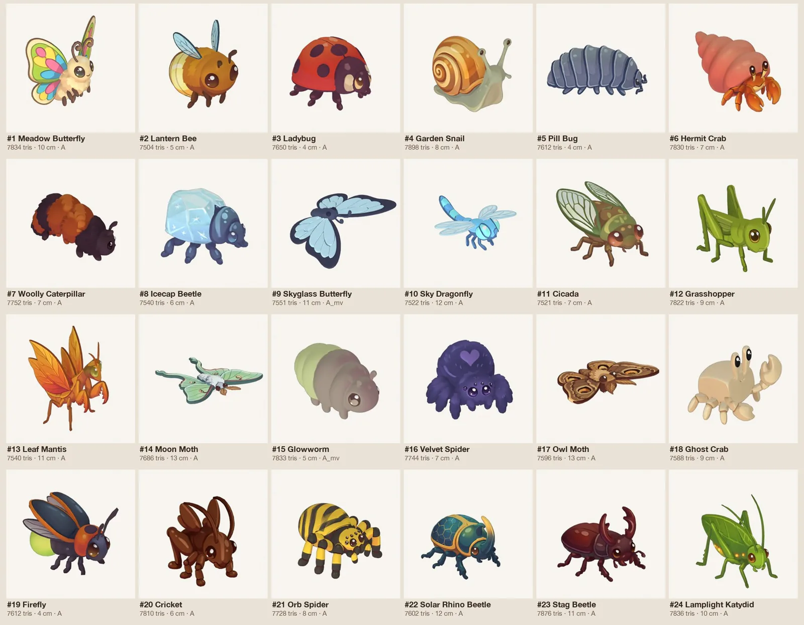 A sheet of 24 cute bug models on white: Meadow Butterfly, Lantern Bee, Ladybug, Garden Snail, Pill Bug, Hermit Crab, Woolly Caterpillar, Icecap Beetle, Skyglass Butterfly, Sky Dragonfly, Cicada, Grasshopper, Leaf Mantis, Moon Moth, Glowworm, Velvet Spider, Owl Moth, Ghost Crab, Firefly, Cricket, Orb Spider, Solar Rhino Beetle, Stag Beetle and Lamplight Katydid