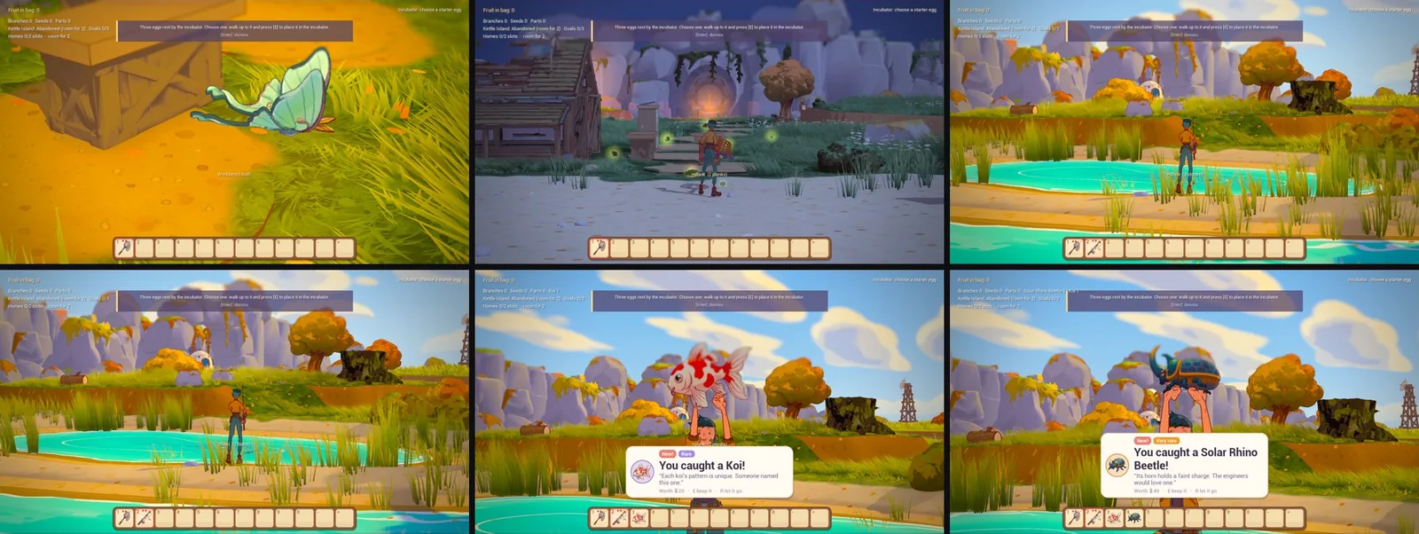 Six in-game frames: a pale green moth flapping in the grass; the caretaker at night on Kettle Island with glowing fireflies; the caretaker fishing at the edge of a turquoise pond; waiting for a bite; the caretaker holding a red and white koi over their head with a card reading You caught a Koi!; and holding up a big blue beetle with a card reading You caught a Solar Rhino Beetle!
