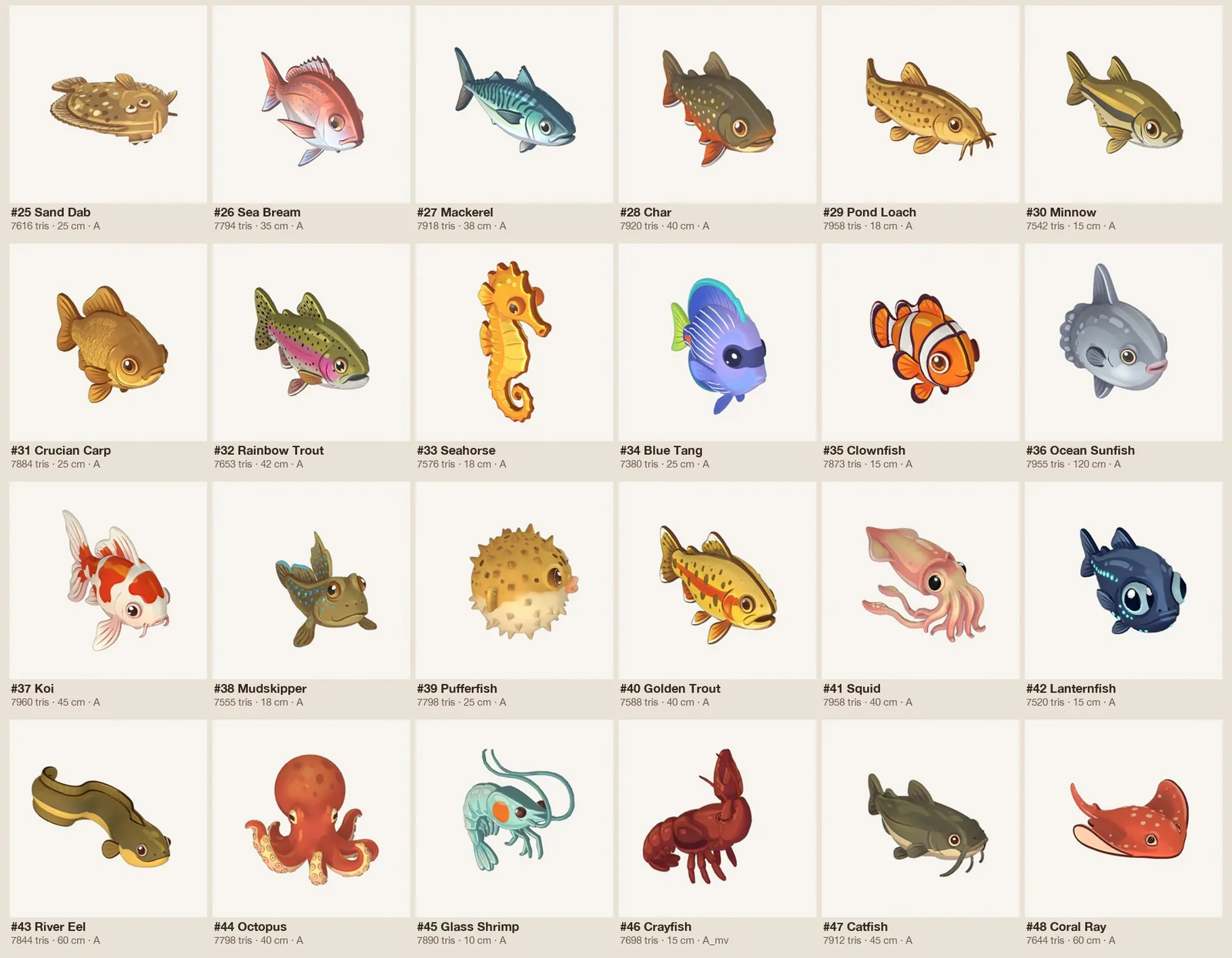 A sheet of 24 cute fish and sea creature models on white, including a sand dab, sea bream, mackerel, rainbow trout, seahorse, blue tang, clownfish, ocean sunfish, koi, pufferfish, squid, lanternfish, river eel, octopus, glass shrimp, crayfish, catfish and a coral ray