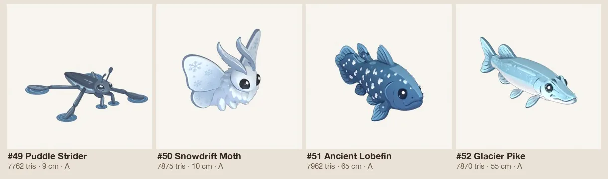 Four pale blue weather specials: a long-legged Puddle Strider, a fluffy Snowdrift Moth with snowflake wings, a spotted Ancient Lobefin and a sleek Glacier Pike