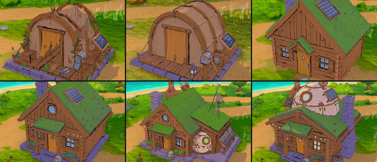 Six views of the same plot on Broadmeadow: a torn, overgrown canvas tent on a stone base; the tent repaired with a mailbox and a lantern; a small log cabin with a turf roof and a solar panel; a bigger cabin with a porch and a round window; a cabin with a side wing, a white dome room and an antenna; and the biggest version with a domed upper room and a stone chimney
