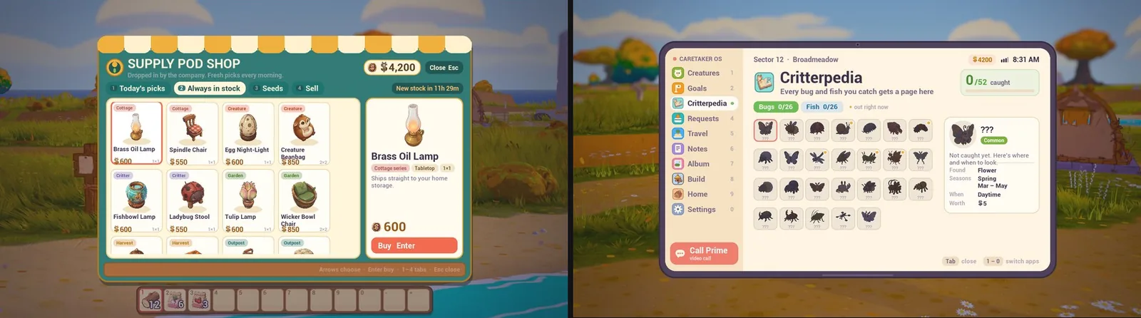 Two phone and shop screens. Left: the Supply Pod Shop with tabs Today's picks, Always in stock, Seeds and Sell, a grid of furniture such as a brass oil lamp, a spindle chair and a ladybug stool with prices in vouchers, and a Buy button. Right: the Critterpedia app on the phone, a grid of bug silhouettes with 0 of 52 caught and a detail card saying where and when to look
