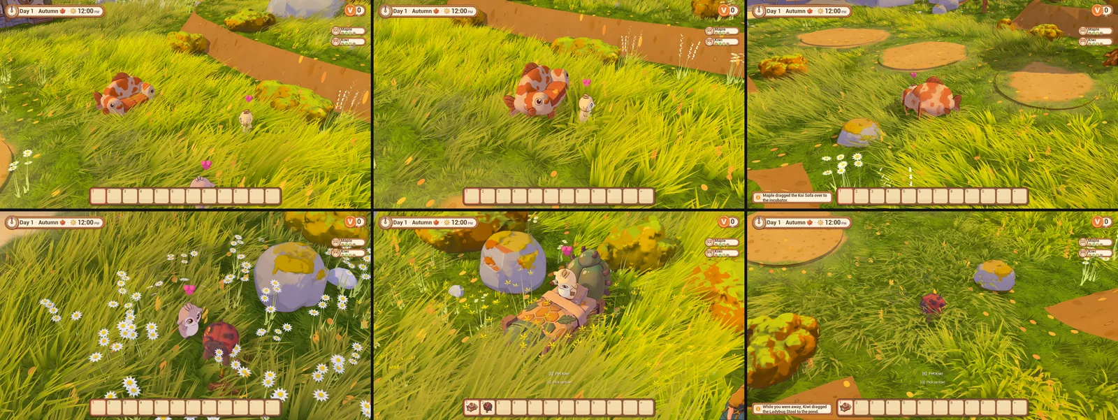 Six frames in the long grass on Kettle Island: a small cream creature walks up to a koi-patterned sofa and starts dragging it; the sofa set down near the incubator with the toast Maple dragged the Koi Sofa over to the incubator; a baby creature carrying a red ladybug stool in front of it; a creature curled up asleep on a beetle-shell bed; and the ladybug stool by itself in the grass with the toast While you were away, Kiwi dragged the Ladybug Stool to the pond
