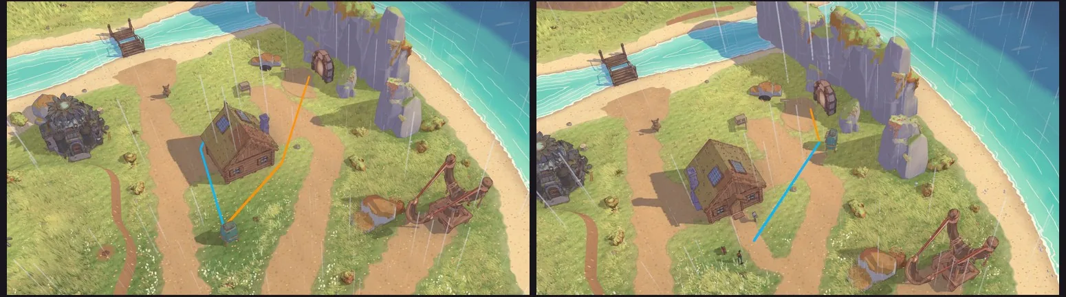 Broadmeadow from above, before and after. Left: the cabin faces away from the main path, with the shop pod down in the meadow and long walking lines to it. Right: the cabin is turned around to face the plaza path, and the shop pod stands beside the nursery door under the cliffs, with a short line from shop to house door