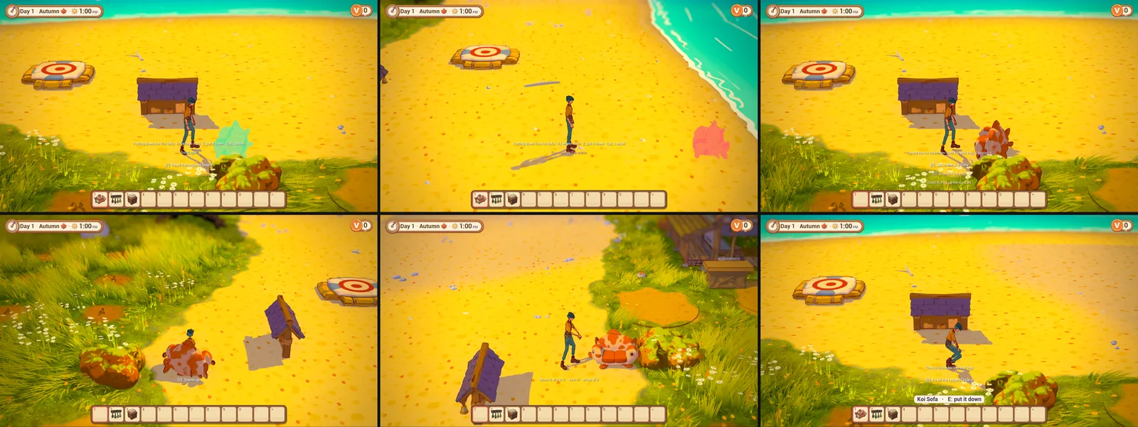 Six frames on the beach of Kettle Island with a koi-patterned sofa: a green see-through ghost of the sofa in front of the caretaker; a red ghost near the water where it can't go; the sofa placed on the sand; the caretaker sitting on it; the caretaker pushing it along; and the sofa gone after it was picked back up into the bag