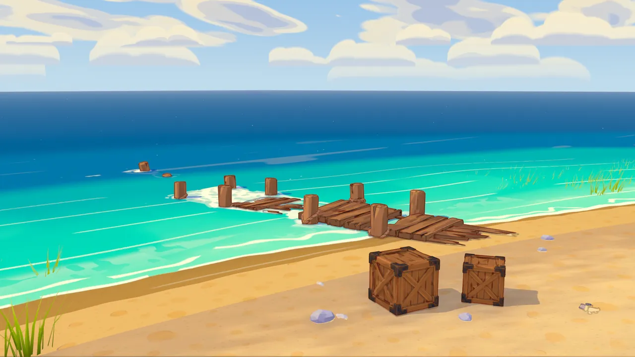 The beach and broken pier: waves washing onto wet sand, two supply crates in front