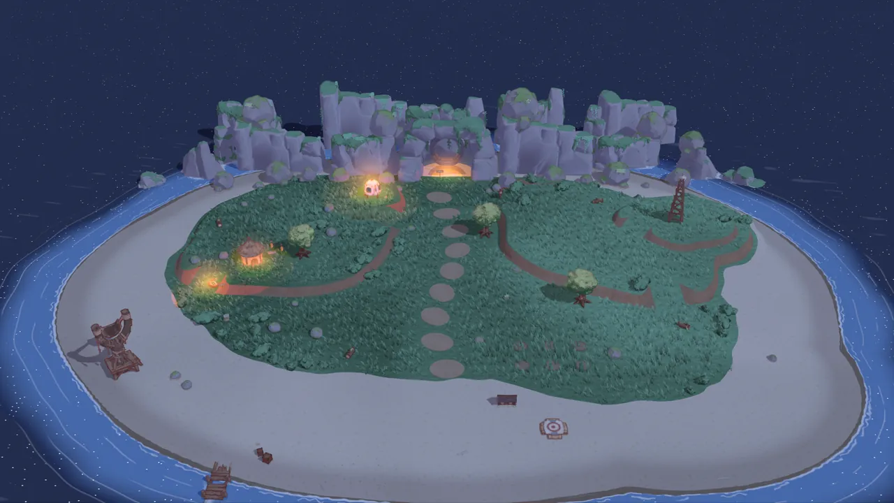 Kettle Island at night from above: blue-green grass, moonlit sand and small warm lamp glows