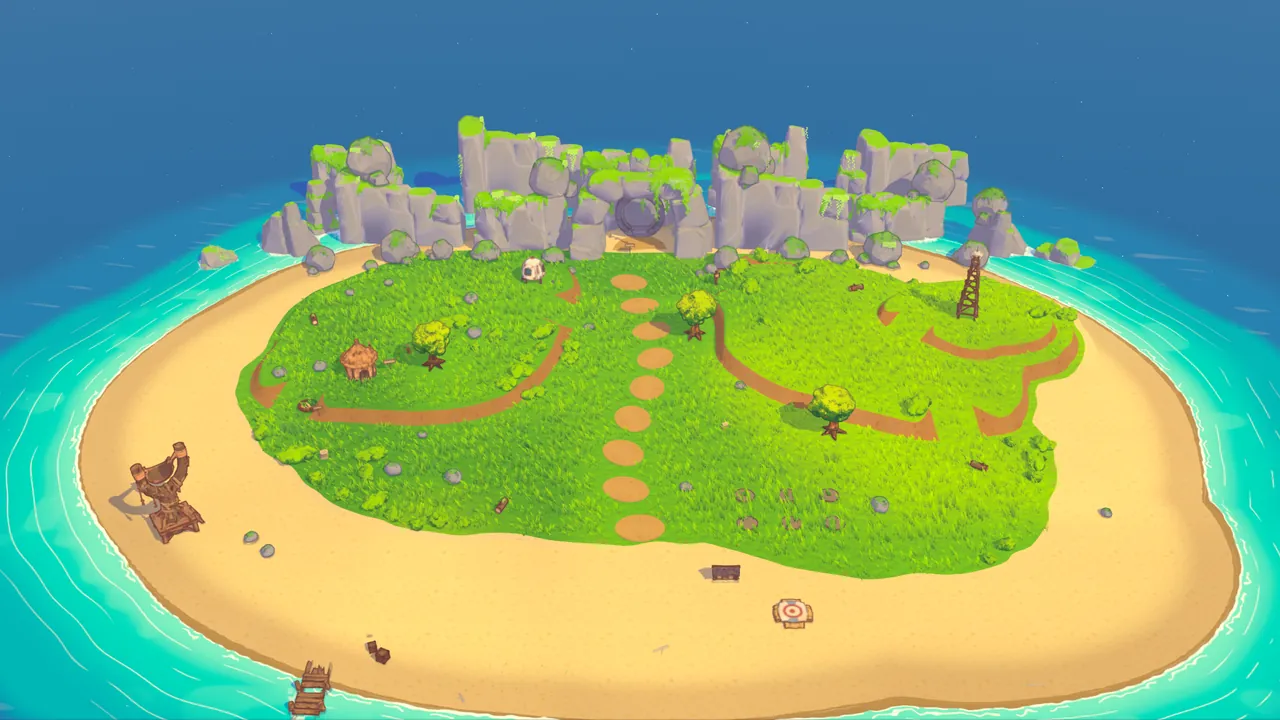 Aerial view of Kettle Island: terraced green plateaus, stepping-stone path, sandy beach and turquoise shallows