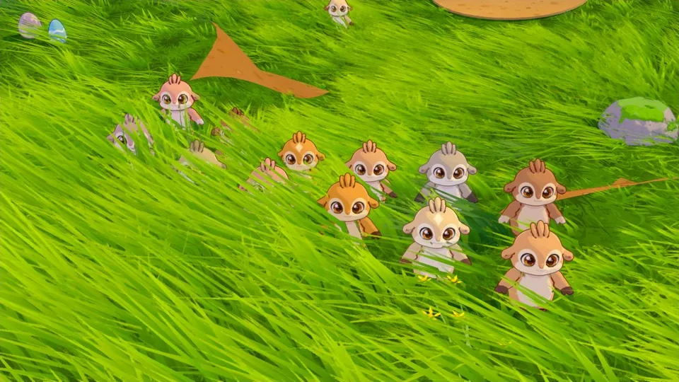 Twelve baby creatures in tall grass, each with a different coat colour and marking